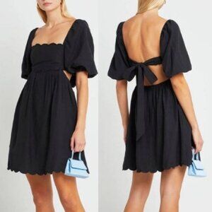 NEW O.P.T. Black April Dress Scalloped Open Back Cutout Dress S Puff Sleeve $179